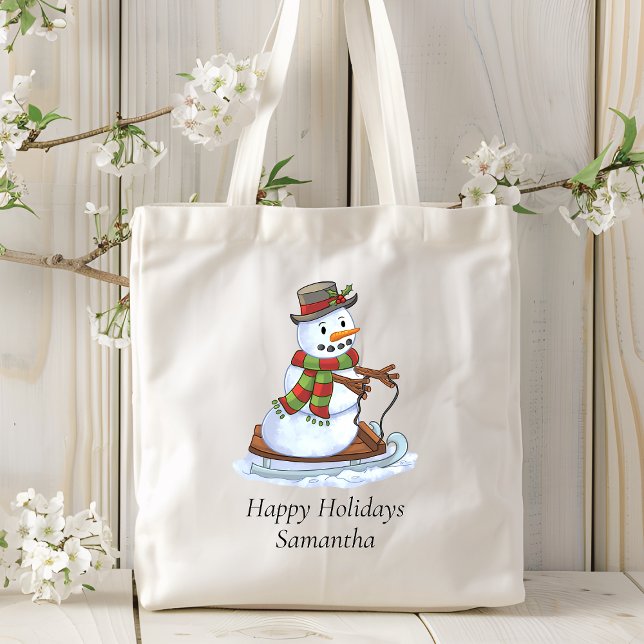 Tote Bag Joyeuses fêtes Nom personnalisé Snowman Sledding (Créateur téléchargé)