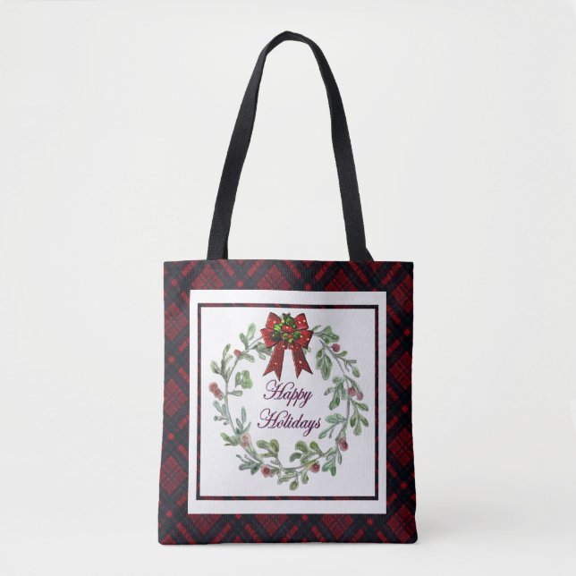 Tote Bag Joyeuses Vacances Rouge Plaid (Devant)