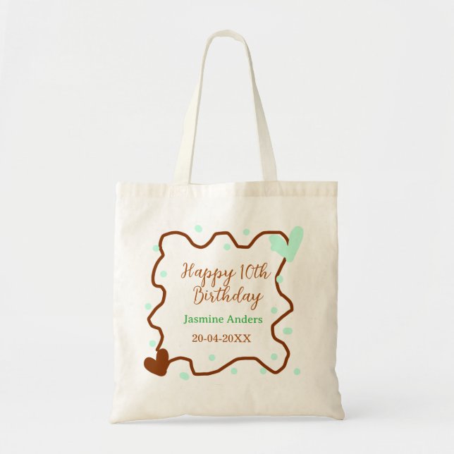 Tote Bag Joyeux 10e anniversaire vert pastel marron bordure (Devant)