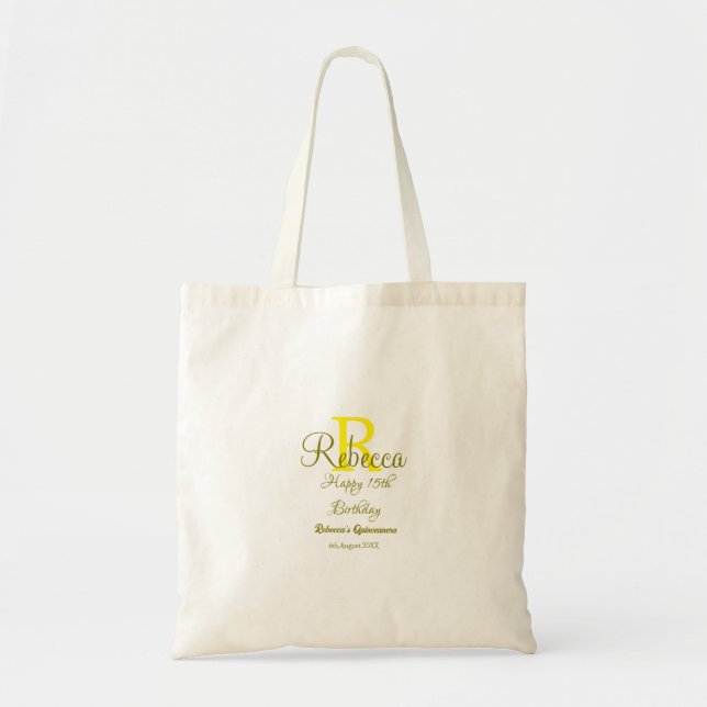 Tote Bag Joyeux 15e anniversaire jaune ajouter nom monogram (Devant)