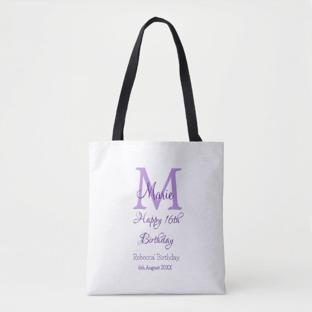 Tote Bag Joyeux 16e anniversaire violet ajouter nom monogra (Devant)