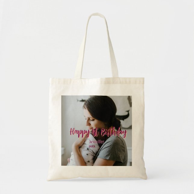 Tote Bag Joyeux 1er anniversaire enfant bébé mère rouge ora (Devant)