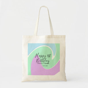 Tote Bag Joyeux 1er anniversaire rose vert bleu acrylique v
