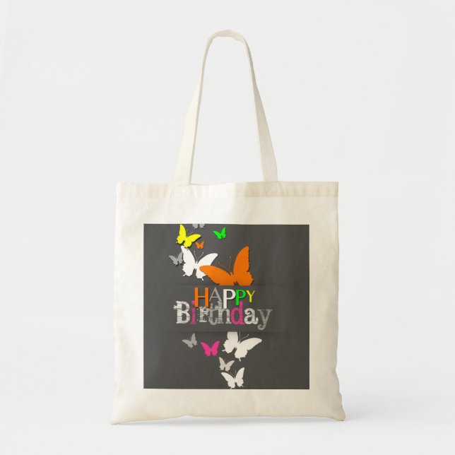 Tote Bag Joyeux Anniversaire Moderne Colorful Papillons en  (Devant)