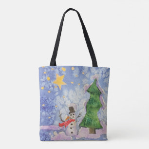 Tote Bag Joyeux Arbre De Noël Et Aquarelle De Snowman Froid