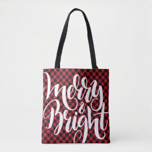 Tote Bag Joyeux Bright Red Buffalo Plaid Tartan Xmas