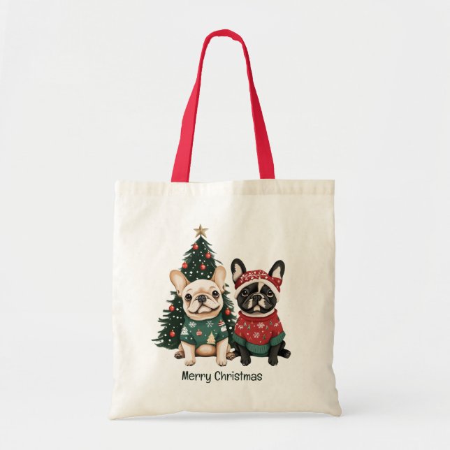 Tote Bag Joyeux Buldogs français de Noël (Devant)