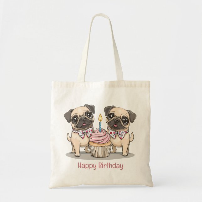 Tote Bag Joyeux Carlin d'anniversaire Chiens Cupcake (Devant)