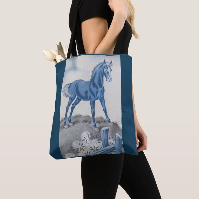 Tote Bag joyeux cheval en bleu (De près)