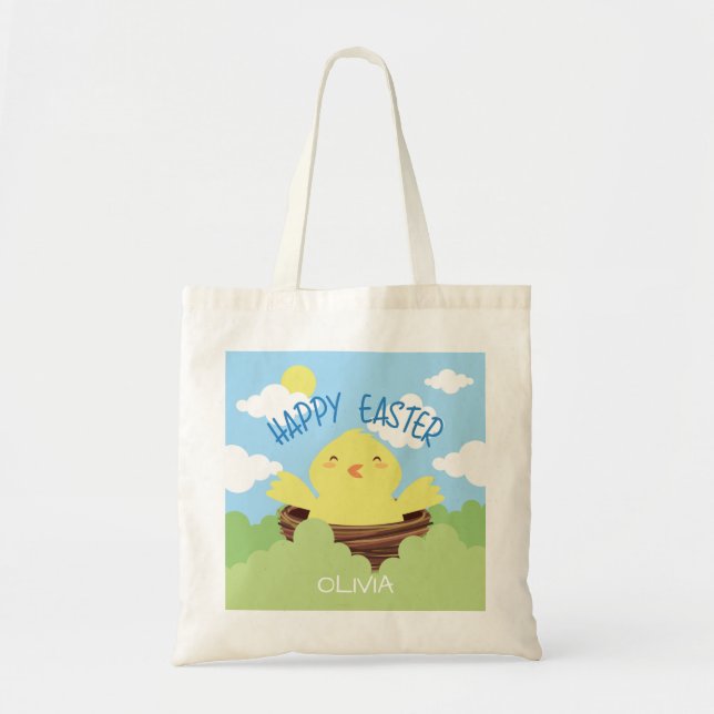 Tote Bag Joyeux Chick de Pâques Nom personnalisé | Vacances (Devant)
