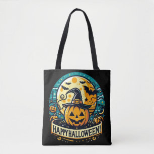 Tote Bag Joyeux Citrouille d'Halloween en Pleine lune Casqu