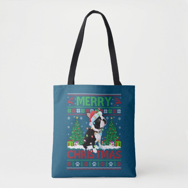 Tote Bag Joyeux éclairage de Noël laide Boston Terrier Chri (Devant)