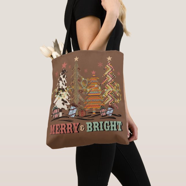 Tote Bag Joyeux et brillants arbres de Noël Boho Shopping (De près)