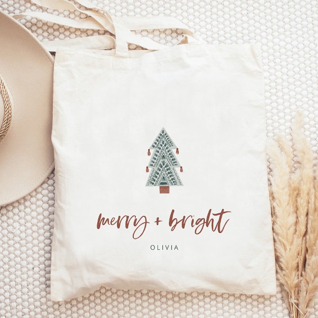 Tote Bag Joyeux et lumineux | Arbre de Noël Boho (This trendy Christmas tree adds a boho look to this holiday tote)
