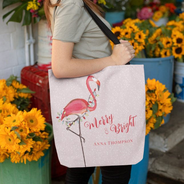 Tote Bag Joyeux et lumineux Noël minimal (Pink flamingo cute holiday tote bag with colorful string lights. )