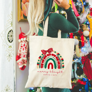Tote Bag Joyeux et lumineux Noël moderne rouge et vert