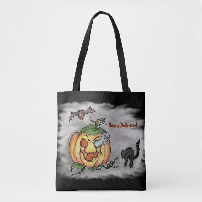 Tote Bag Joyeux Halloween avec le Citrouille de chaume de c (Devant)