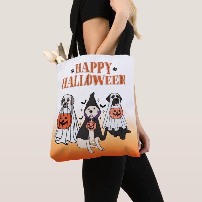 Tote Bag Joyeux Halloween Chien Ghost Orange & White (De près)