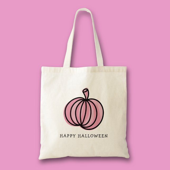 Tote Bag Joyeux Halloween Citrouille Rose (Pink pumpkin Halloween tote bag for trick or treat)