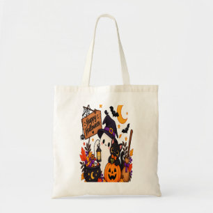Tote Bag Joyeux Halloween Fantôme & Citrouille Chat Noir