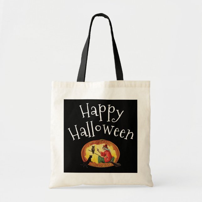 Tote Bag Joyeux Halloween, sorcière, chat noir et hibou (Devant)