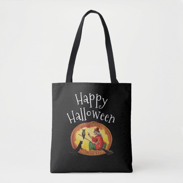 Tote Bag Joyeux Halloween, sorcière, chat noir et hibou (Devant)