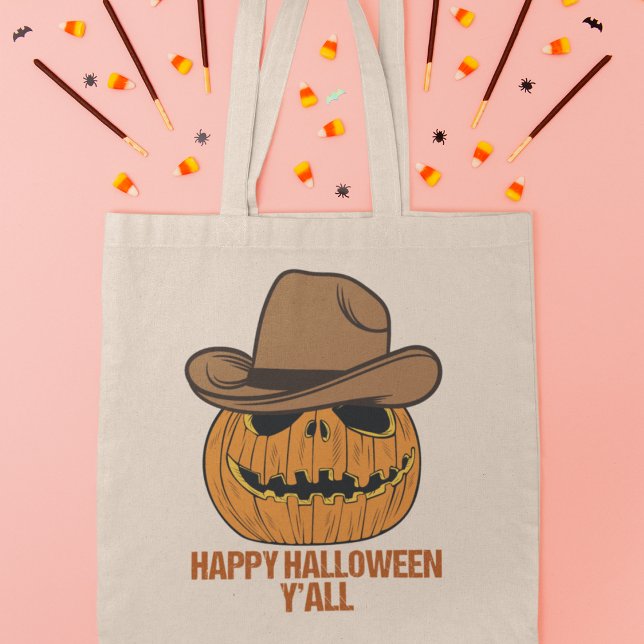 Tote Bag Joyeux Halloween Y'all Funny Cowboy Jack-o'-lanter (Créateur téléchargé)