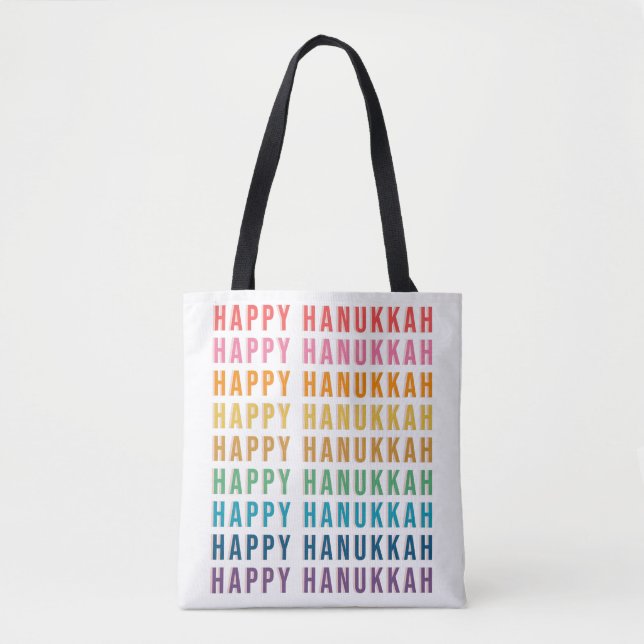 Tote Bag Joyeux Hanukkah | Typographie simple aux couleurs  (Devant)