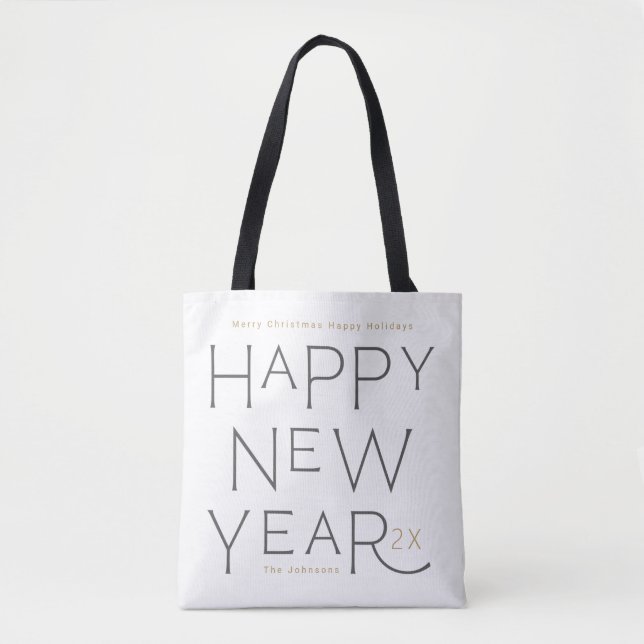 Tote Bag Joyeux Jour de l'An gris manuscrit personnalisé ca (Devant)