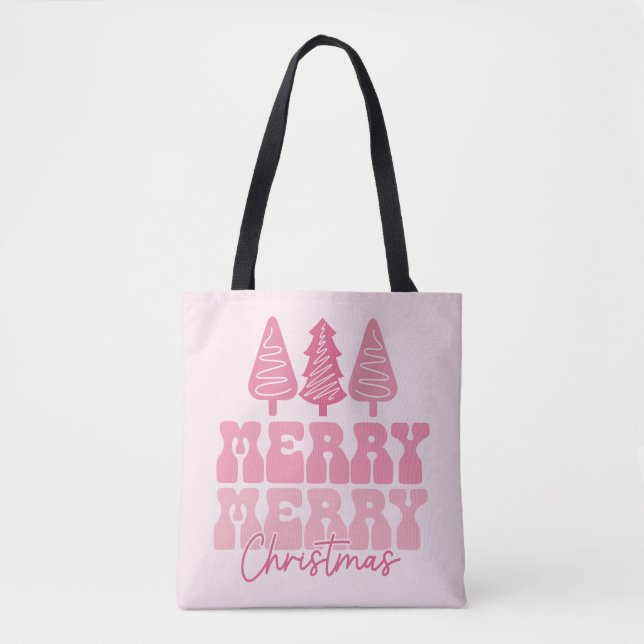 Tote Bag Joyeux Joyeux Noël - Conception des Fêtes Rose (Devant)