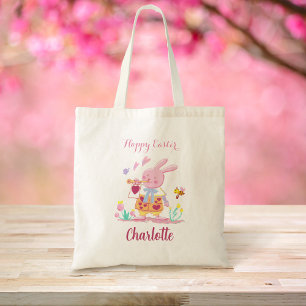 Tote Bag Joyeux lapin rose de Pâques Chasse personnalisée a
