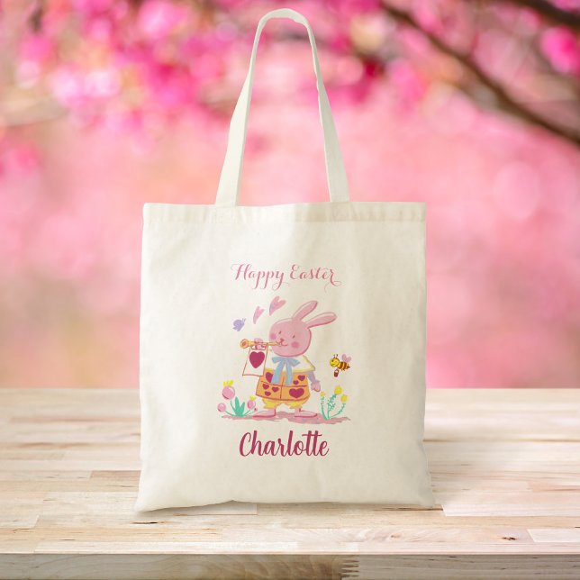 Tote Bag Joyeux lapin rose de Pâques Chasse personnalisée a (Créateur téléchargé)