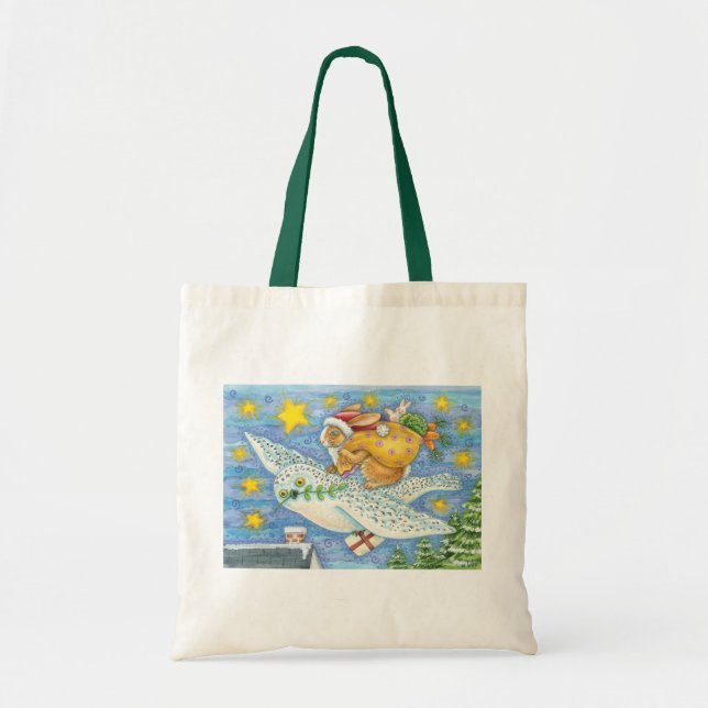 Tote Bag Joyeux Noël avec Lapin comme Père Noël sur un Hibo (Devant)