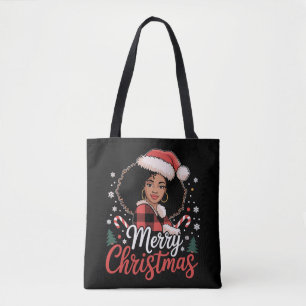 Tote Bag Joyeux Noël Black African Girl Santa Hat Noël Noël