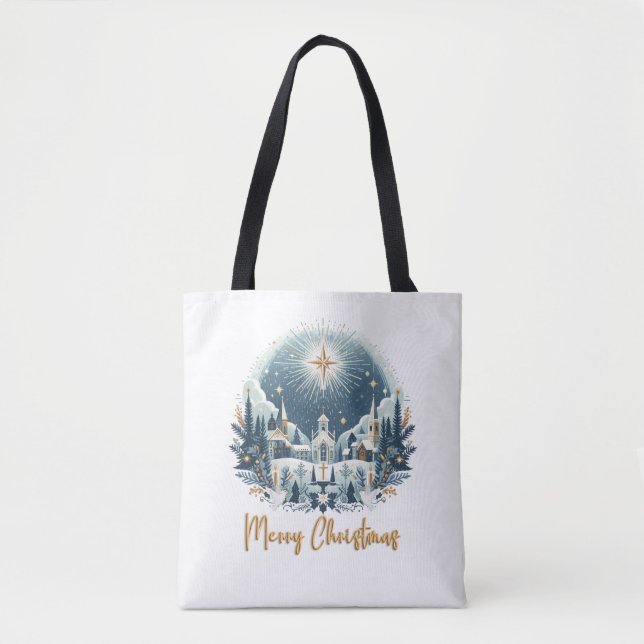 Tote Bag Joyeux Noël bleu et or (Devant)