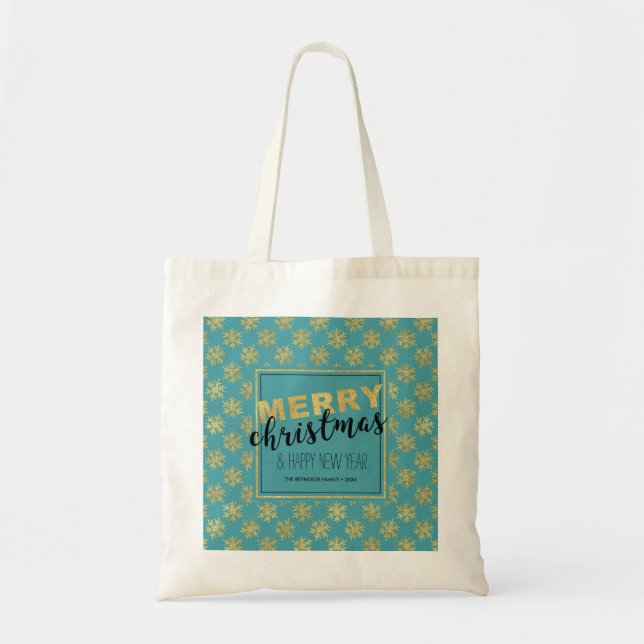 Tote Bag Joyeux Noël bleu or moderne - Budget Fourre-tout (Devant)