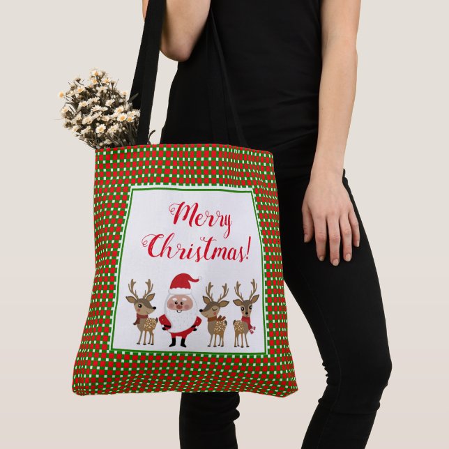 Tote Bag Joyeux Noël Carreaux Rouges Verts Père Noël (De près)