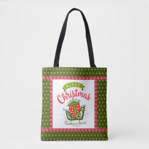 Tote Bag Joyeux Noël Chariot Festif Rouge Vert Flocon de Ne