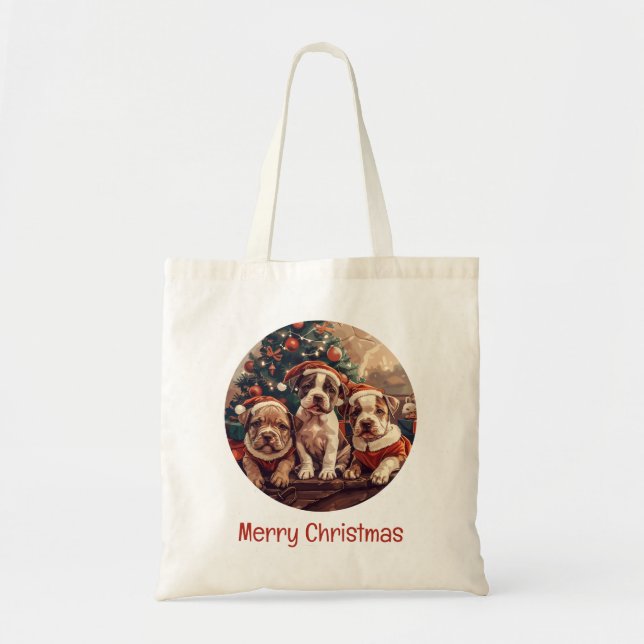 Tote Bag Joyeux Noël Chiots Pit Bull (Devant)