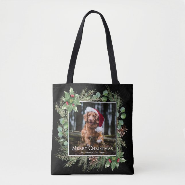 Tote Bag Joyeux Noël Couronne de verdure Photo d'animal  (Devant)