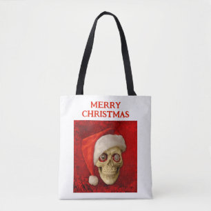 Tote Bag Joyeux Noël. Crâne portant un chapeau de Père Noël