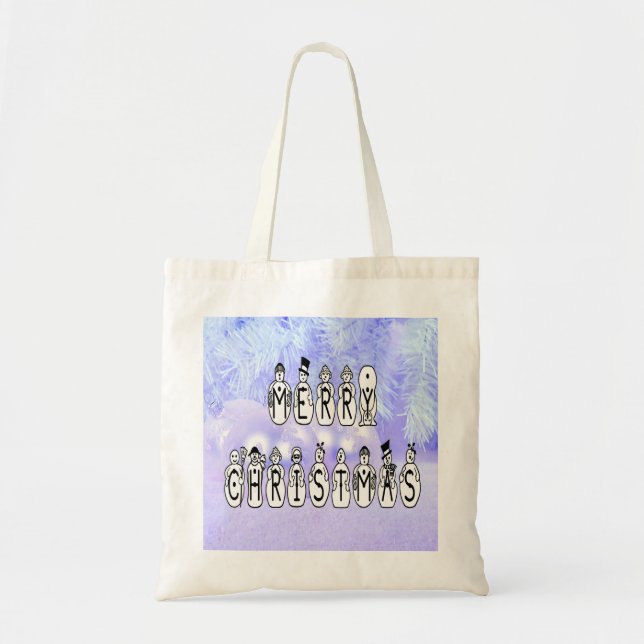 Tote Bag Joyeux Noël gens de neige Police, Blue Tint neige (Devant)