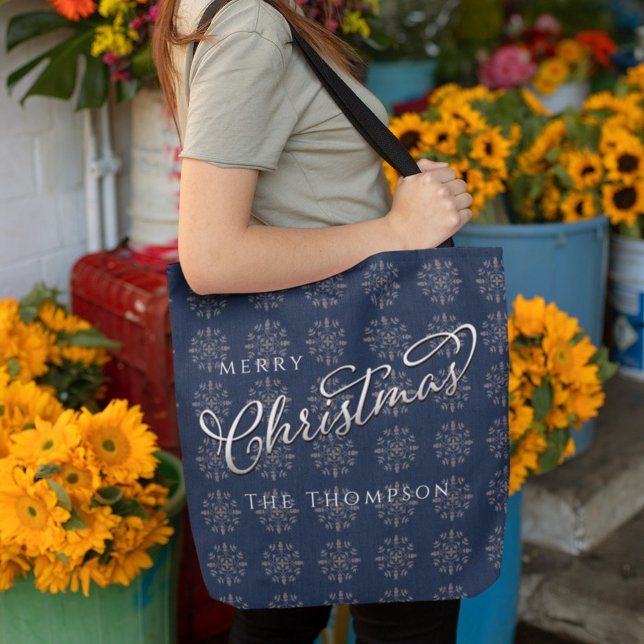 Tote Bag Joyeux Noël Marine Blue Silver Snowflakes (Merry Christmas navy blue and silver pattern tote bag)