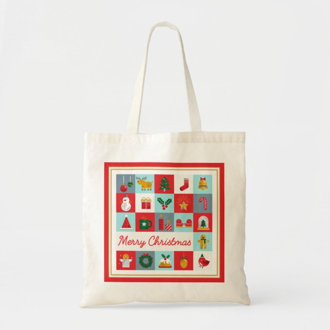 Tote Bag Joyeux Noël mignon Rétro hiver Icônes de Noël (Devant)