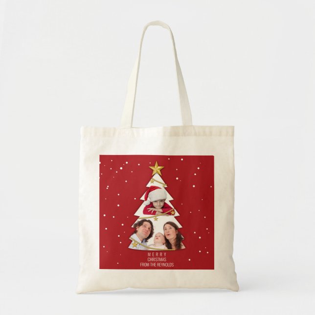 Tote Bag Joyeux Noël moderne arbre photo Collage rouge (Devant)