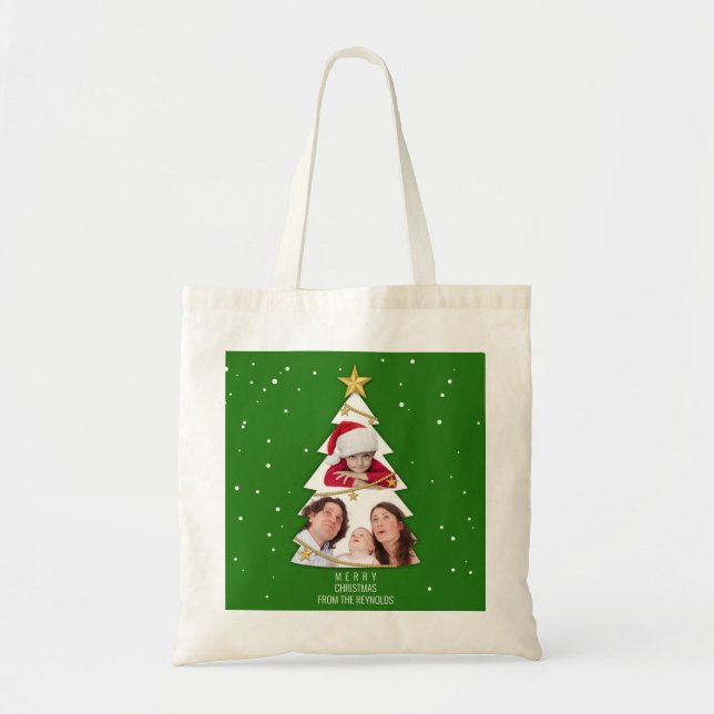 Tote Bag Joyeux Noël moderne arbre photo Collage vert (Devant)
