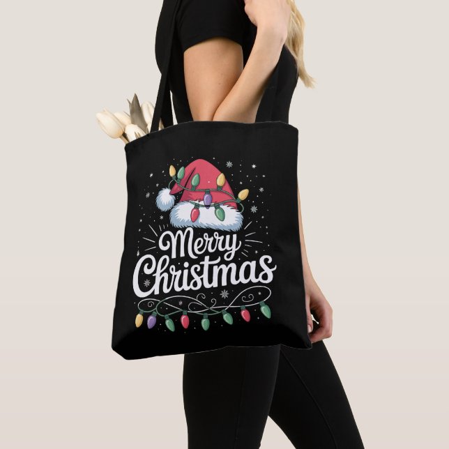 Tote Bag Joyeux Noël Noël Lumières Santa Hat Famille (De près)