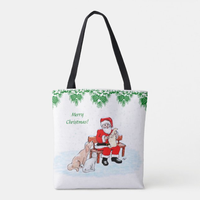 Tote Bag Joyeux Noël - Père Noël avec chat et chien (Dos)