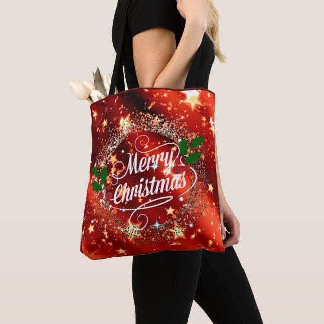 Tote Bag Joyeux Noël pétillant et parties scintillant rouge (De près)
