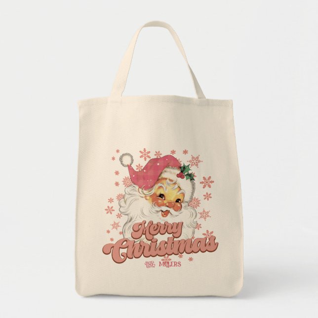 Tote Bag Joyeux Noël Retro Typographie Père Noël Pink Casqu (Devant)